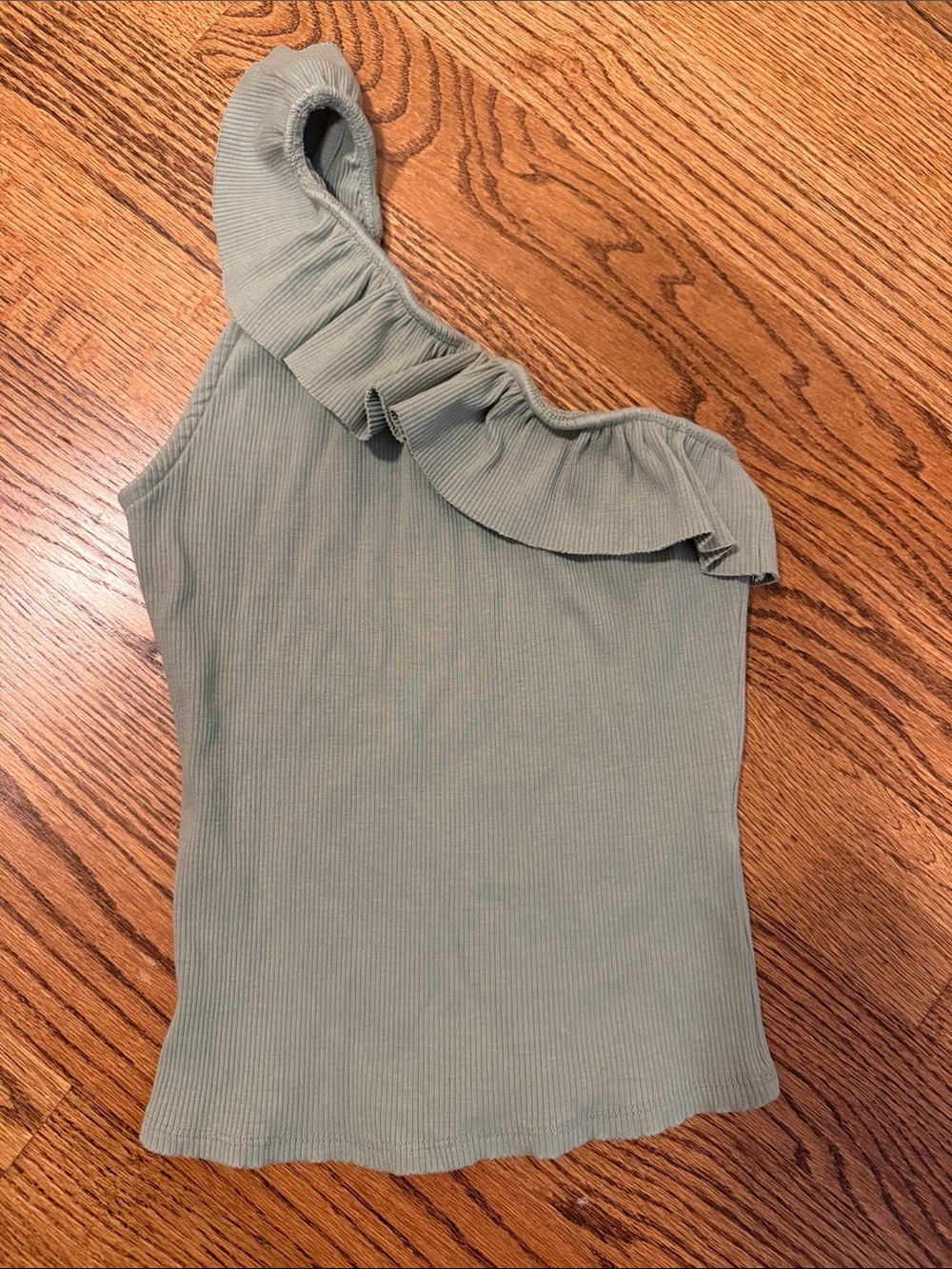 Women's One-Shoulder Ruffle Tank Top - Sage Green size L